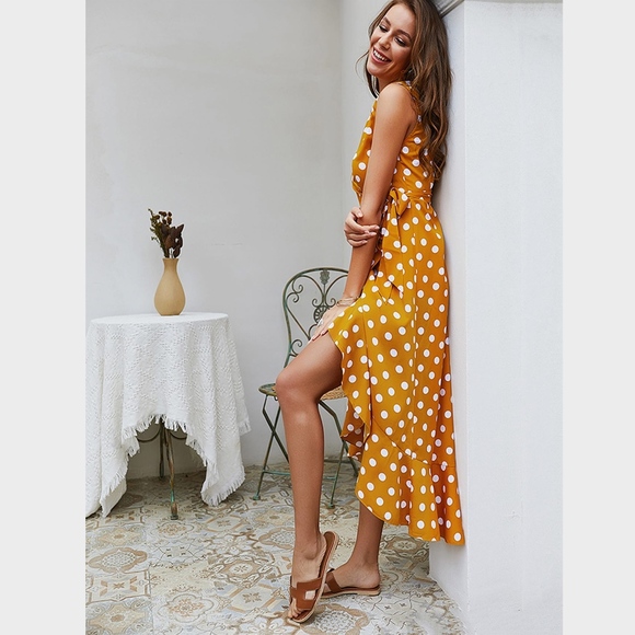 Polka Dot Ruffle Hem Wrap Tie Yellow Maxi Dress - Picture 4 of 8
